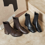 Womens Leather Chelsea Boot Chunky Heel Elastic Sock Boots Square Toe Mid Calf Boots
