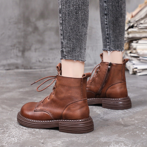Women Winter Genuine Leather Ankle Lace Up Boots