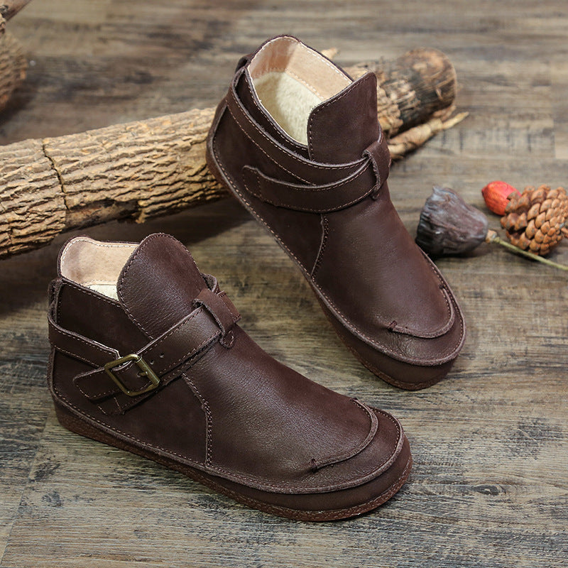 Women Leather Vintage Buckled Ankle Boots