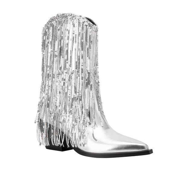 Womens Metallic Sequin Fringed Zipper Pointy Chunky Heeled Western Cowgirl Ankle Boots
