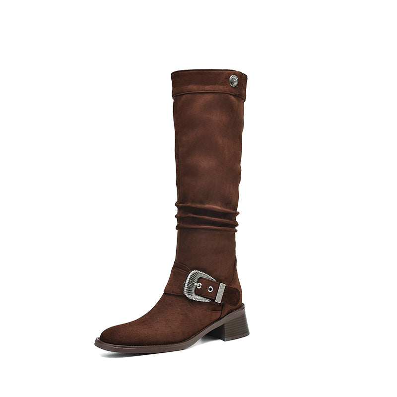 Women's Riding Boots Suede Buckle Knee High Chunky Heel Boots