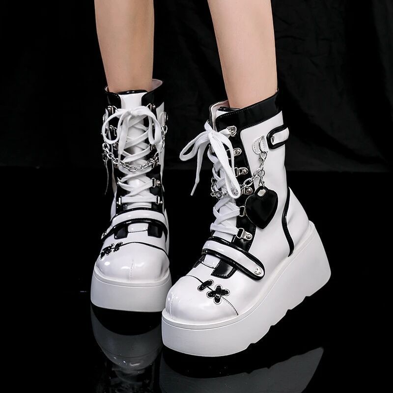 Sweet Lolita Platform Mid Calf Motorcycle Boots