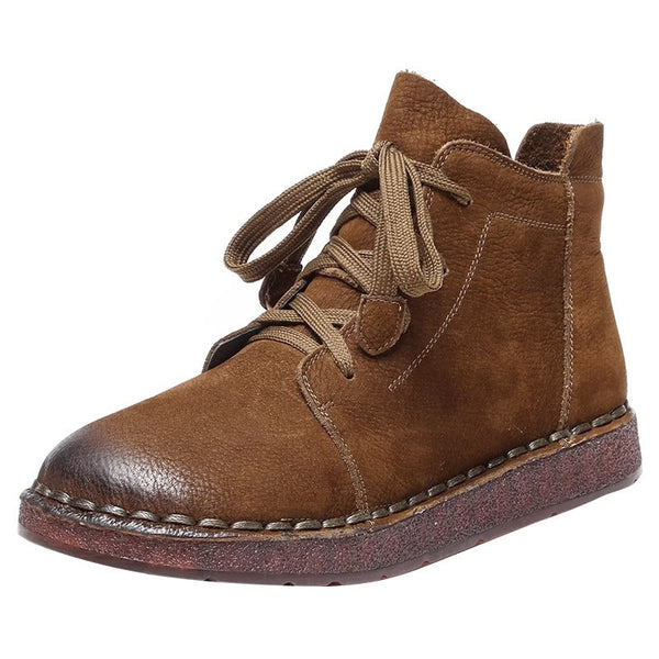 Womens Handmade Retro Leather Ankle Boots Autumn Zip Flat Shoes