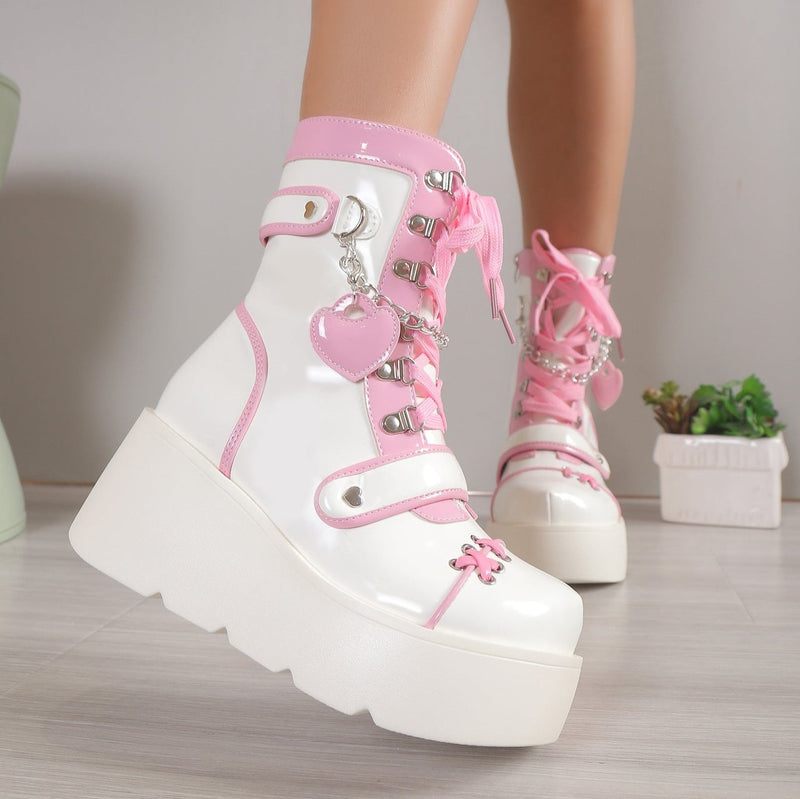 Sweet Lolita Platform Mid Calf Motorcycle Boots