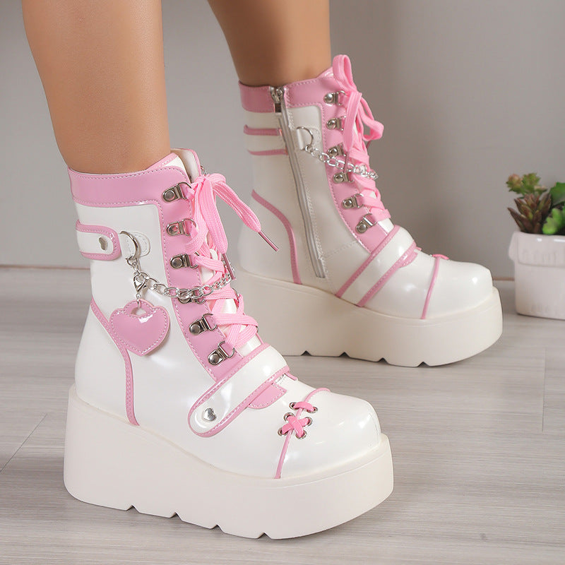 Sweet Lolita Platform Mid Calf Motorcycle Boots