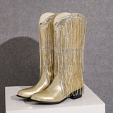 Womens Fringe & Sequins Decor Point Toe Chunky Heeled Western Boots