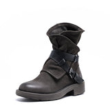 Womens Genuine Leather Classic Boots Low Heel Round Toe Buckle Ankle Boots