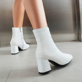 Women's Luxury Glitter Block Heel Ankle Boots For Wedding And Party