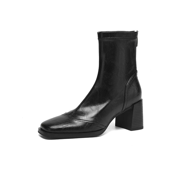 Women’s Square Toe Block Heel Ankle Boots – Stylish Back Zip Design