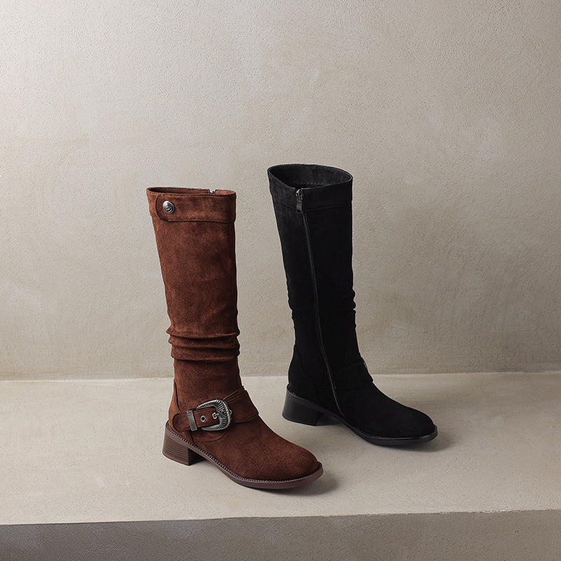 Women's Riding Boots Suede Buckle Knee High Chunky Heel Boots