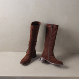 Women's Riding Boots Suede Buckle Knee High Chunky Heel Boots