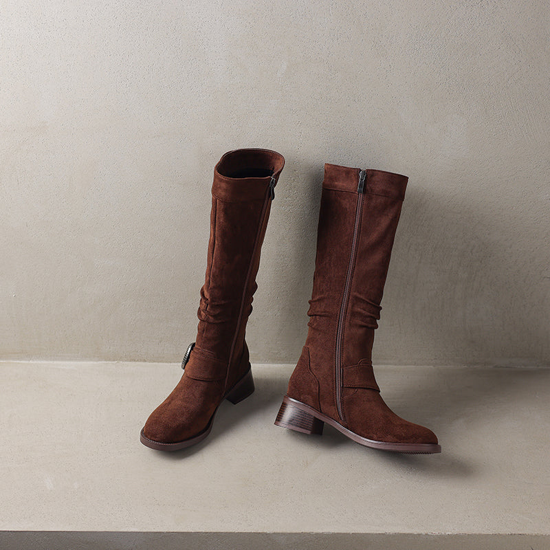 Women's Riding Boots Suede Buckle Knee High Chunky Heel Boots