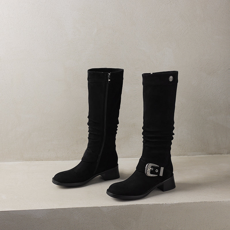 Women's Riding Boots Suede Buckle Knee High Chunky Heel Boots
