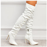 Women Wrinkles Patent Leather Thigh High Boots Pointed Toe Over The Knee High Boots