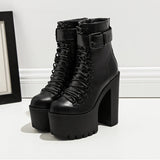 Womens Goth Lace Up Boots Platform Chunky High Heel Ankle Boots With Buckle