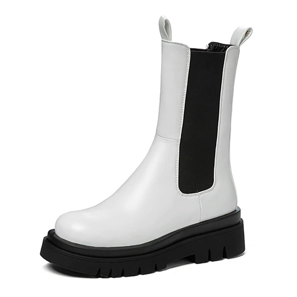 Womens Chunky Mid Heel Mid Calf Chelsea Boots Slip On Round Toe Platform Ankle Booties