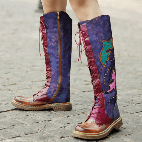 Womens Purple & Burgundy Patchwork Lace-Up Leather Cowboy Boot