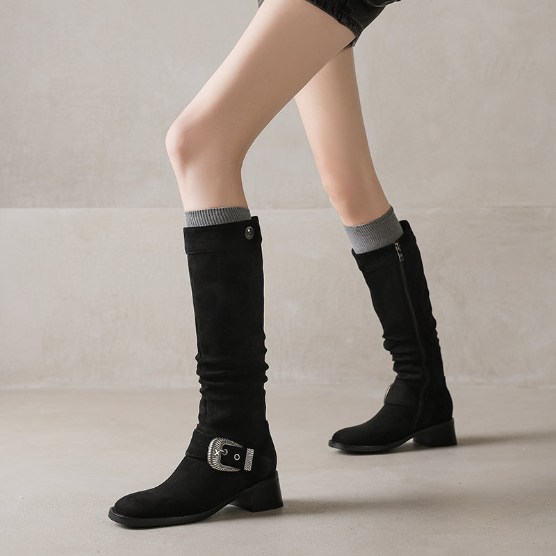 Women's Riding Boots Suede Buckle Knee High Chunky Heel Boots