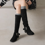 Women's Riding Boots Suede Buckle Knee High Chunky Heel Boots