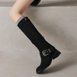 Women's Riding Boots Suede Buckle Knee High Chunky Heel Boots