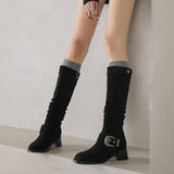 Women's Riding Boots Suede Buckle Knee High Chunky Heel Boots