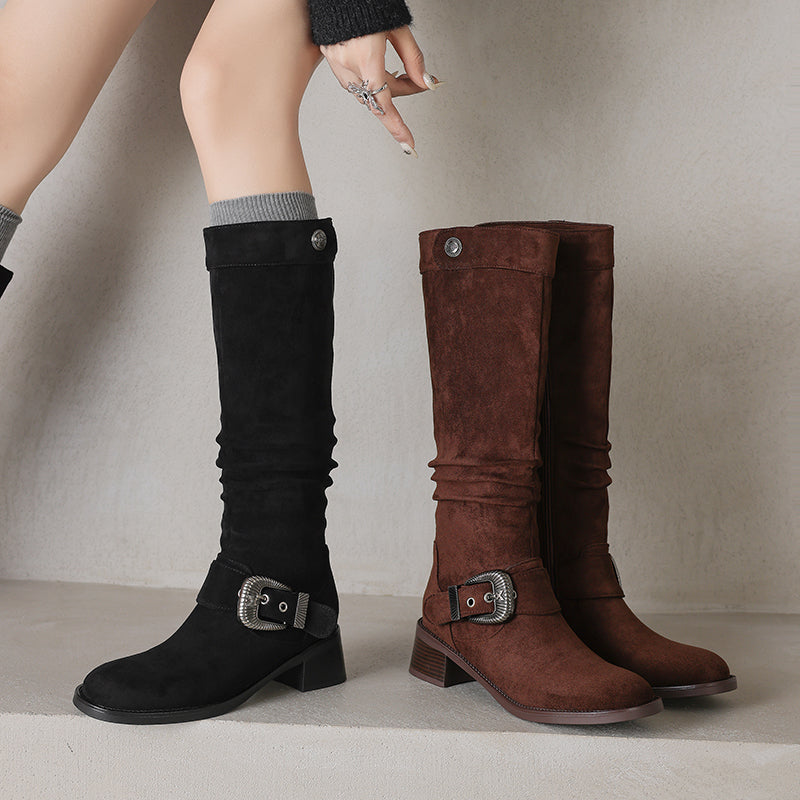 Women's Riding Boots Suede Buckle Knee High Chunky Heel Boots