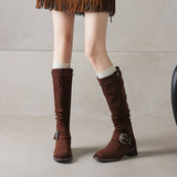 Women's Riding Boots Suede Buckle Knee High Chunky Heel Boots