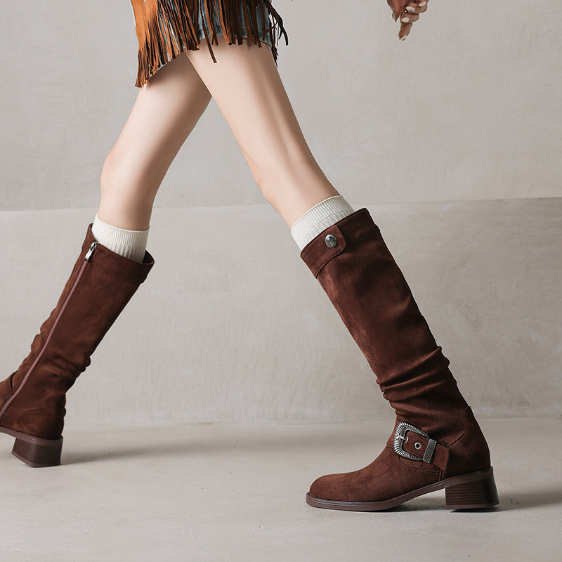 Women's Riding Boots Suede Buckle Knee High Chunky Heel Boots