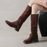 Women's Riding Boots Suede Buckle Knee High Chunky Heel Boots