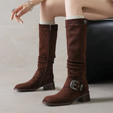 Women's Riding Boots Suede Buckle Knee High Chunky Heel Boots