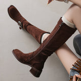 Women's Riding Boots Suede Buckle Knee High Chunky Heel Boots
