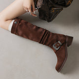 Women's Riding Boots Suede Buckle Knee High Chunky Heel Boots