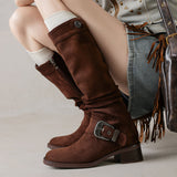 Women's Riding Boots Suede Buckle Knee High Chunky Heel Boots
