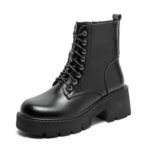 Womens Combat Boots Platform Leather Chunky Heel Zipper Boots